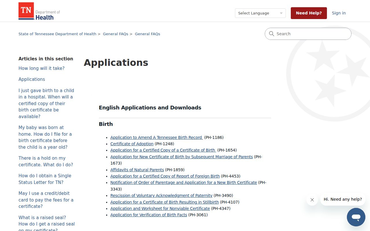 Knoxville resident lookup vital record application options
